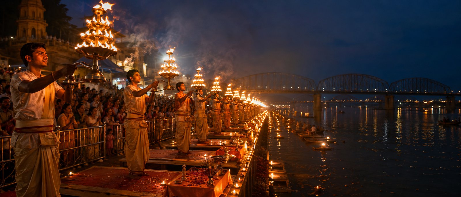 The grand Godavari Maha Harathi at dusk, rows of oil lamps along the ghat with the river bridge behind