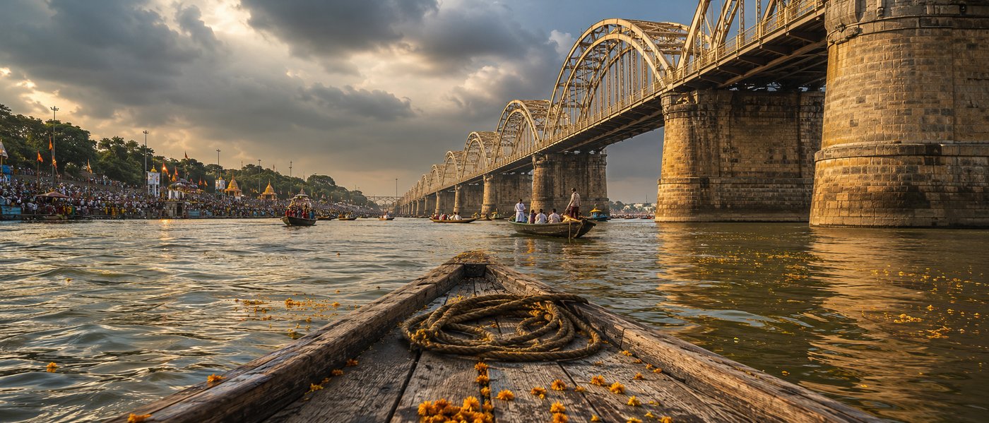 A train crosses the Godavari arch bridge above bathing pilgrims